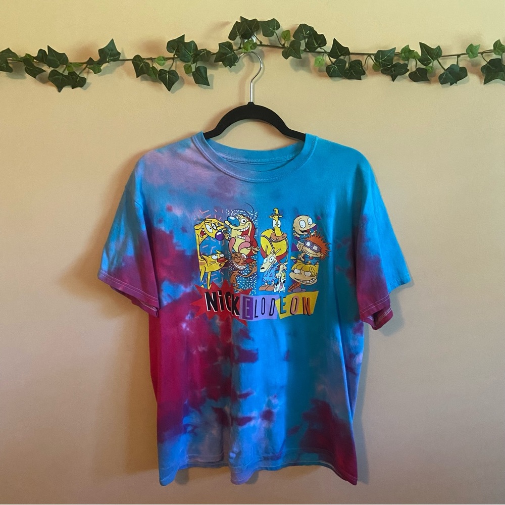 Nickelodeon Women's Tie-Dye Blue Purple Pink 90's Character Tee T-Shirt